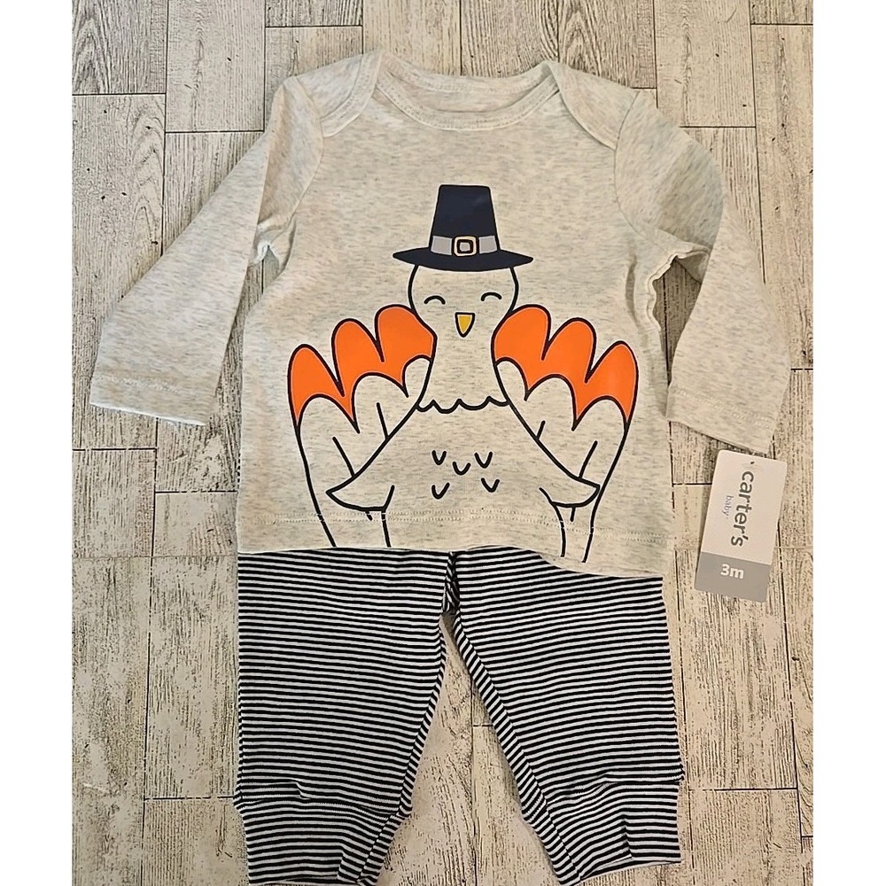 Carter's Thanksgiving Turkey Outfit 3 months Infant 2pc Gray Blue Stripe NEW
